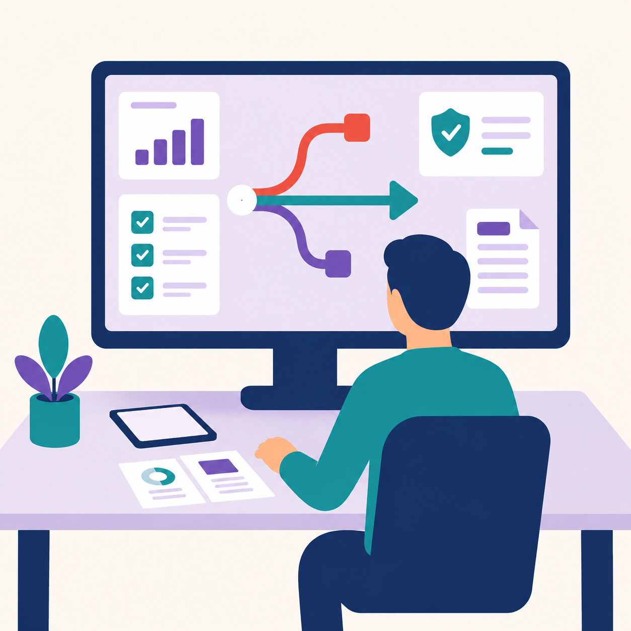 Custom Software Assessment illustration: a structured review of objectives, systems and roadmap options